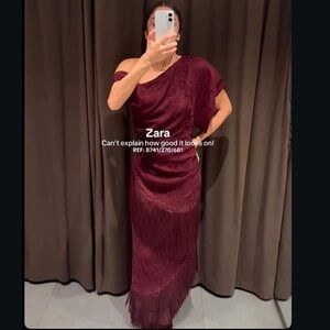 Zara One-Shoulder Fringe Dress in Burgundy